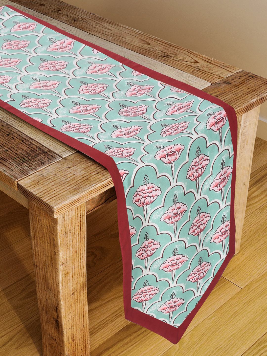 Rajasthan Decor Sea Green Floral Printed Cotton Table Cover Price in India