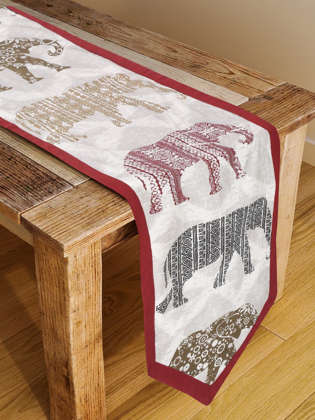 Rajasthan Decor White & Maroon Elephant Print Cotton Table Cover Price in India