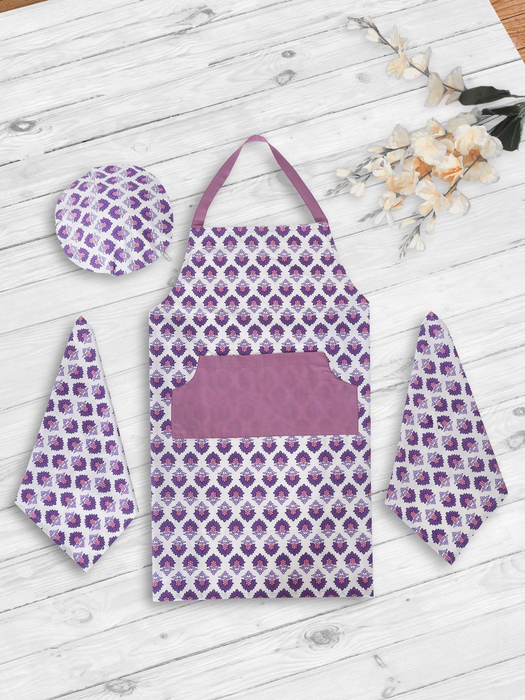 Rajasthan Decor Set Of 4 Purple & White Printed Cotton Apron Set Price in India