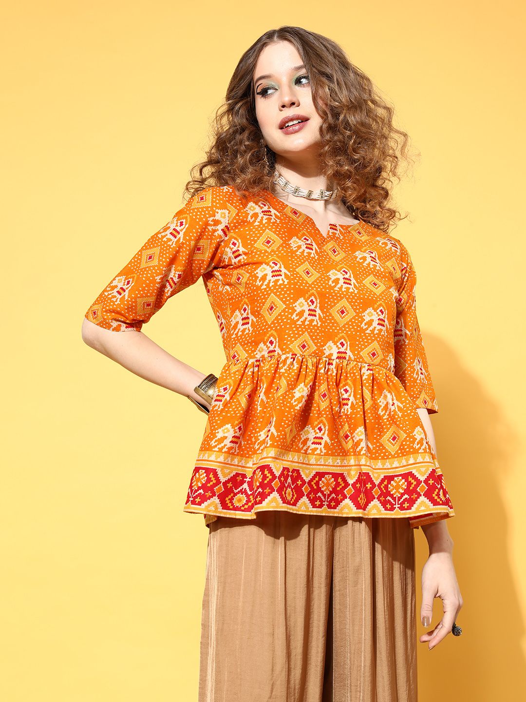 Indo Era Women Bright Orange Ethnic Fusion Top