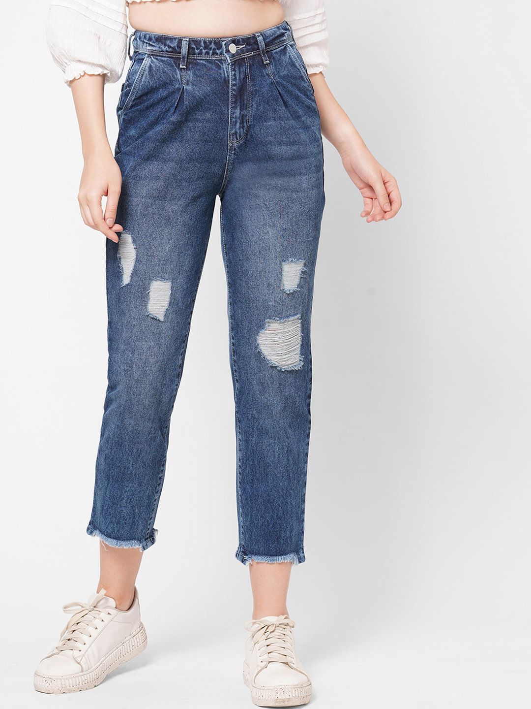 Kraus Jeans Women Blue Straight Fit High-Rise Mildly Distressed Light Fade Jeans Price in India