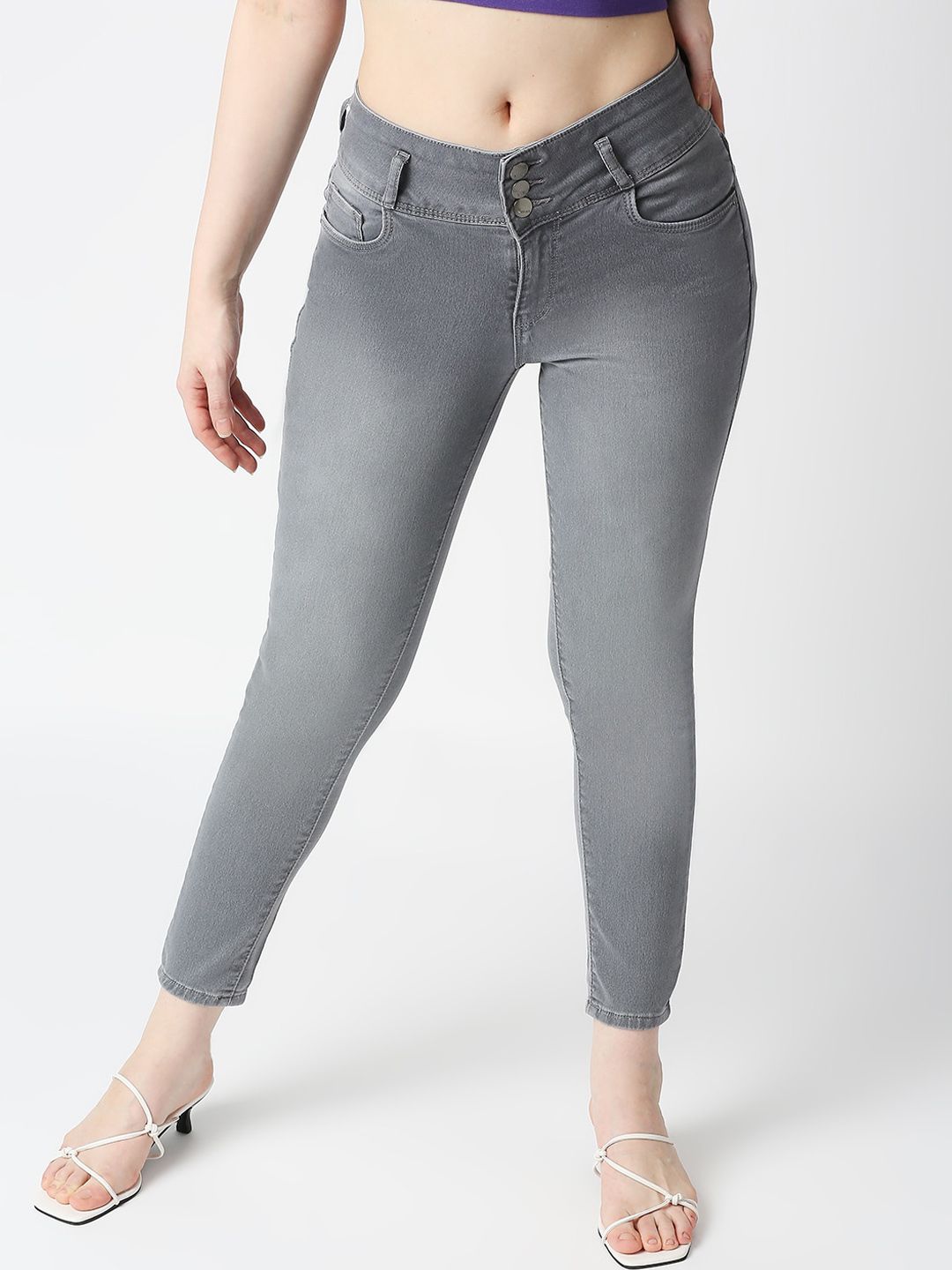 Kraus Jeans Women Grey Skinny Fit High-Rise Low Distress Cropped Heavy Fade Jeans Price in India