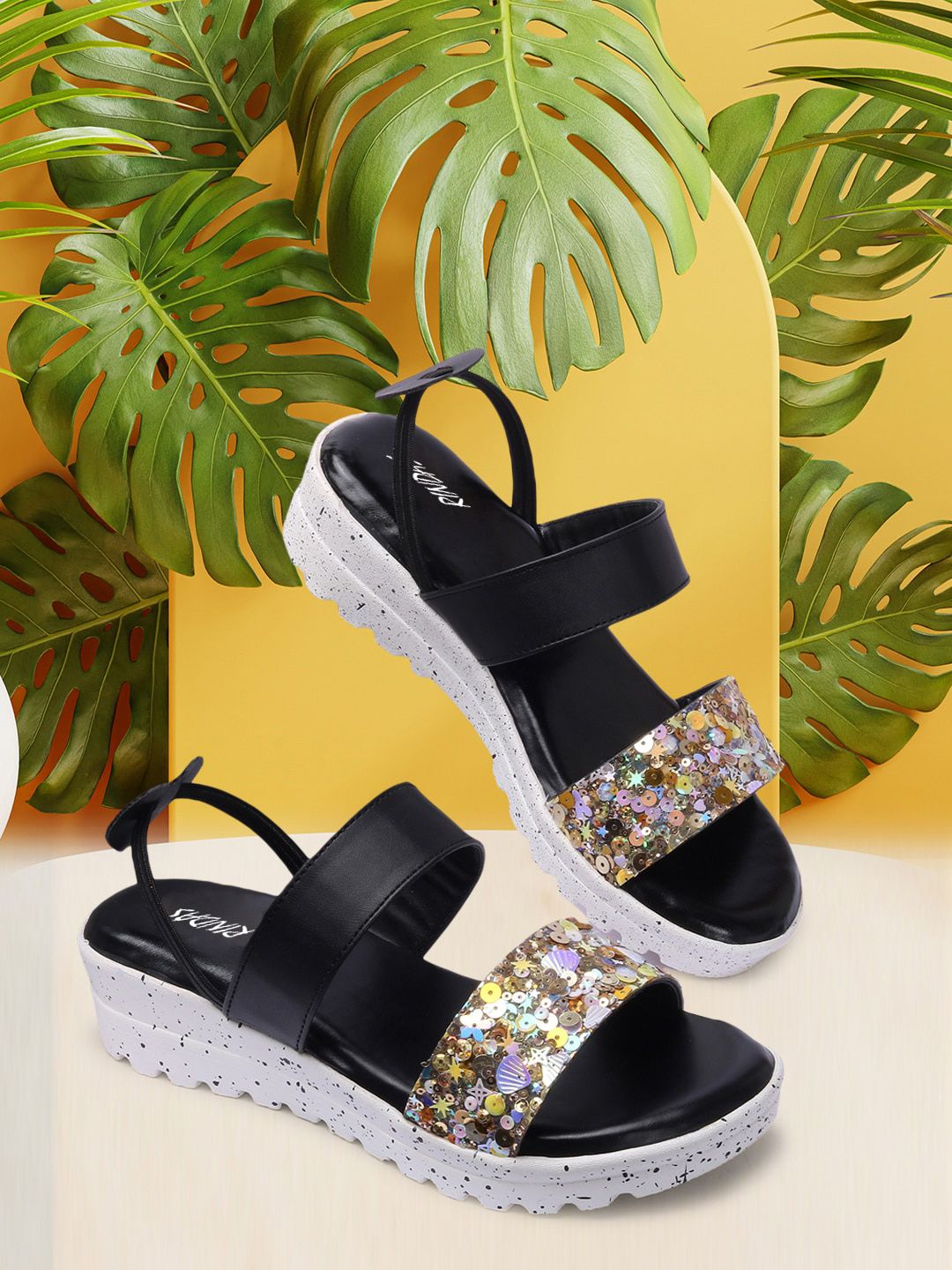 RINDAS Black Embellished Flatform Backstrap Sandals Price in India