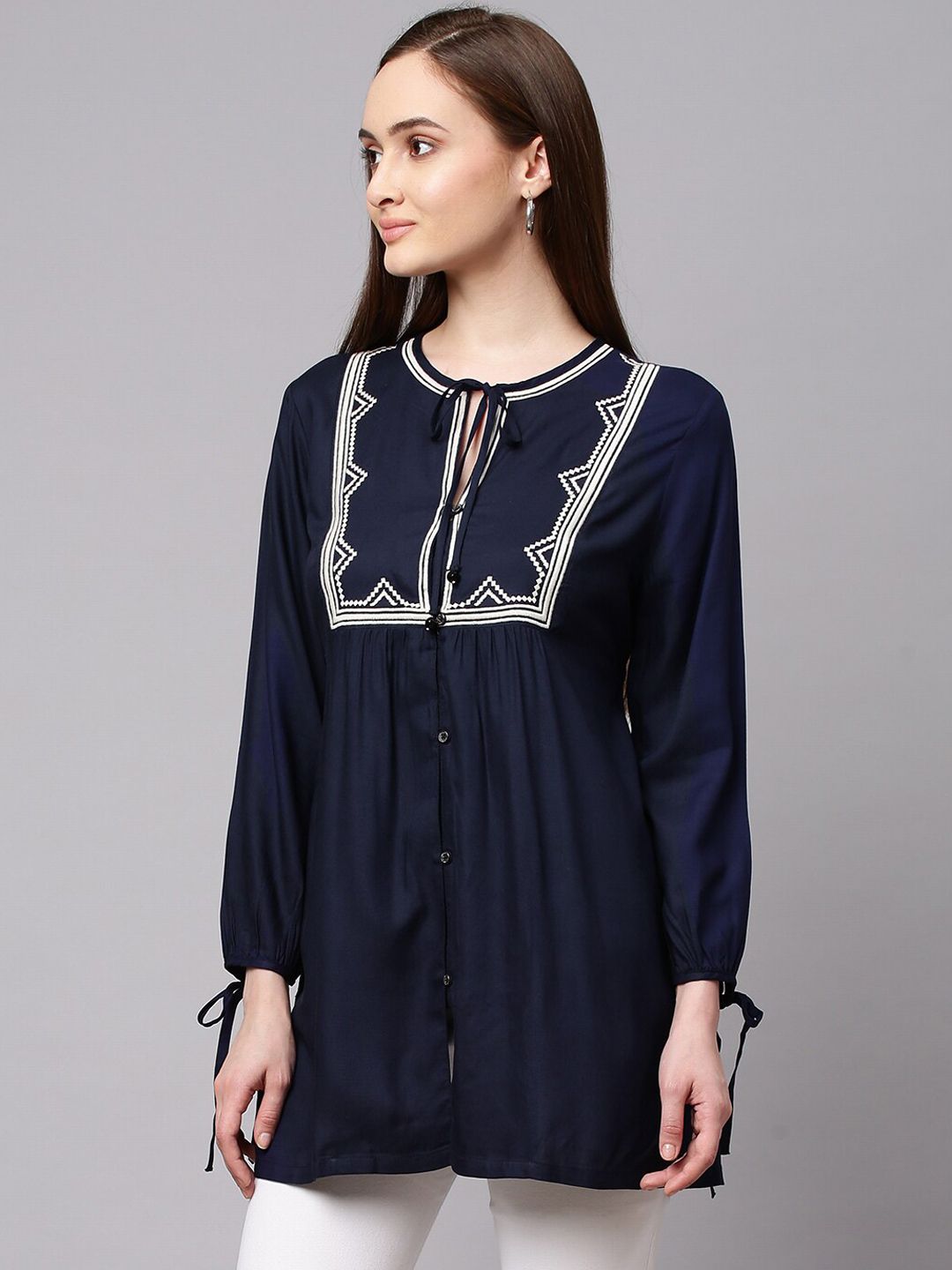 Modern Indian by CHEMISTRY Navy Blue & White Yoke Embroidered Pleated Straight Kurti Price in India