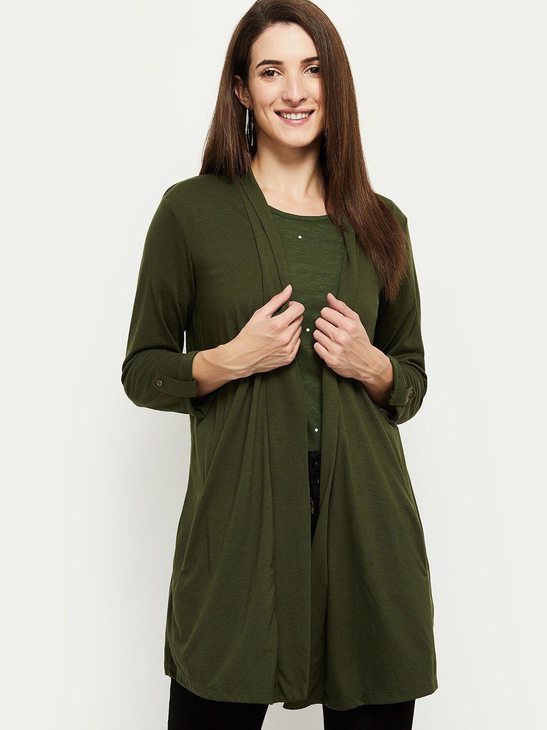 max Women Olive Green Longline Shrug Price in India