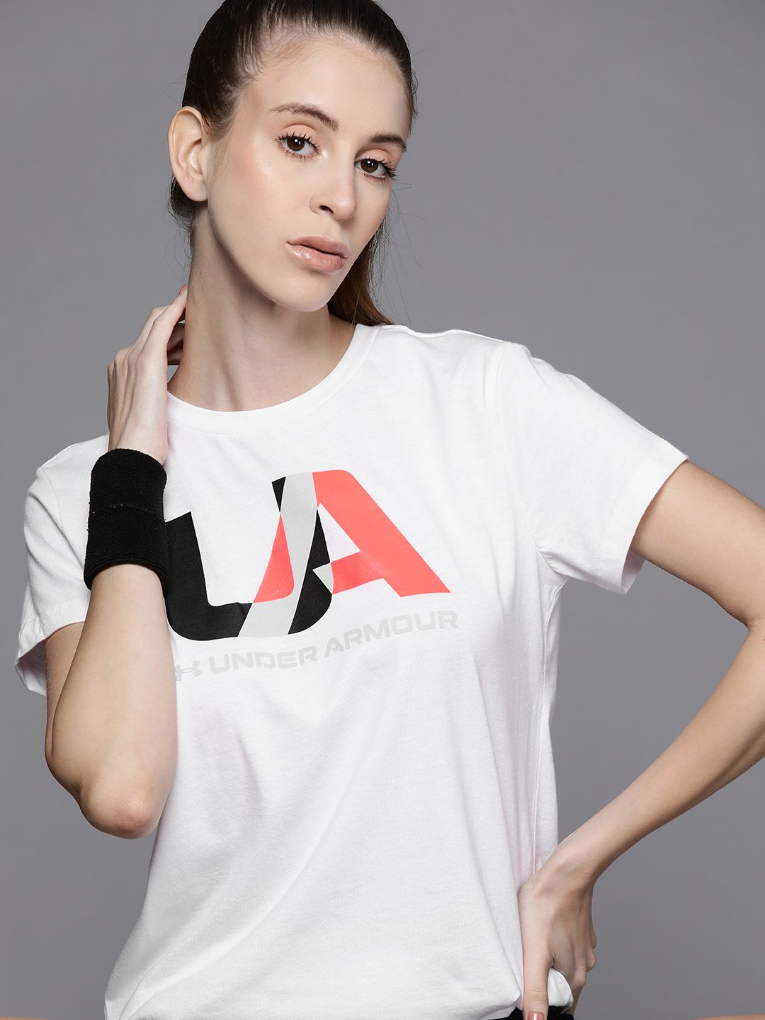UNDER ARMOUR Women White Brand Logo Printed Loose T-shirt Price in India