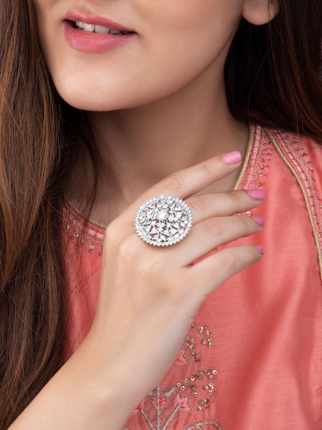 Rubans Women Silver-Plated AD-Studded Handcrafted Ring Price in India