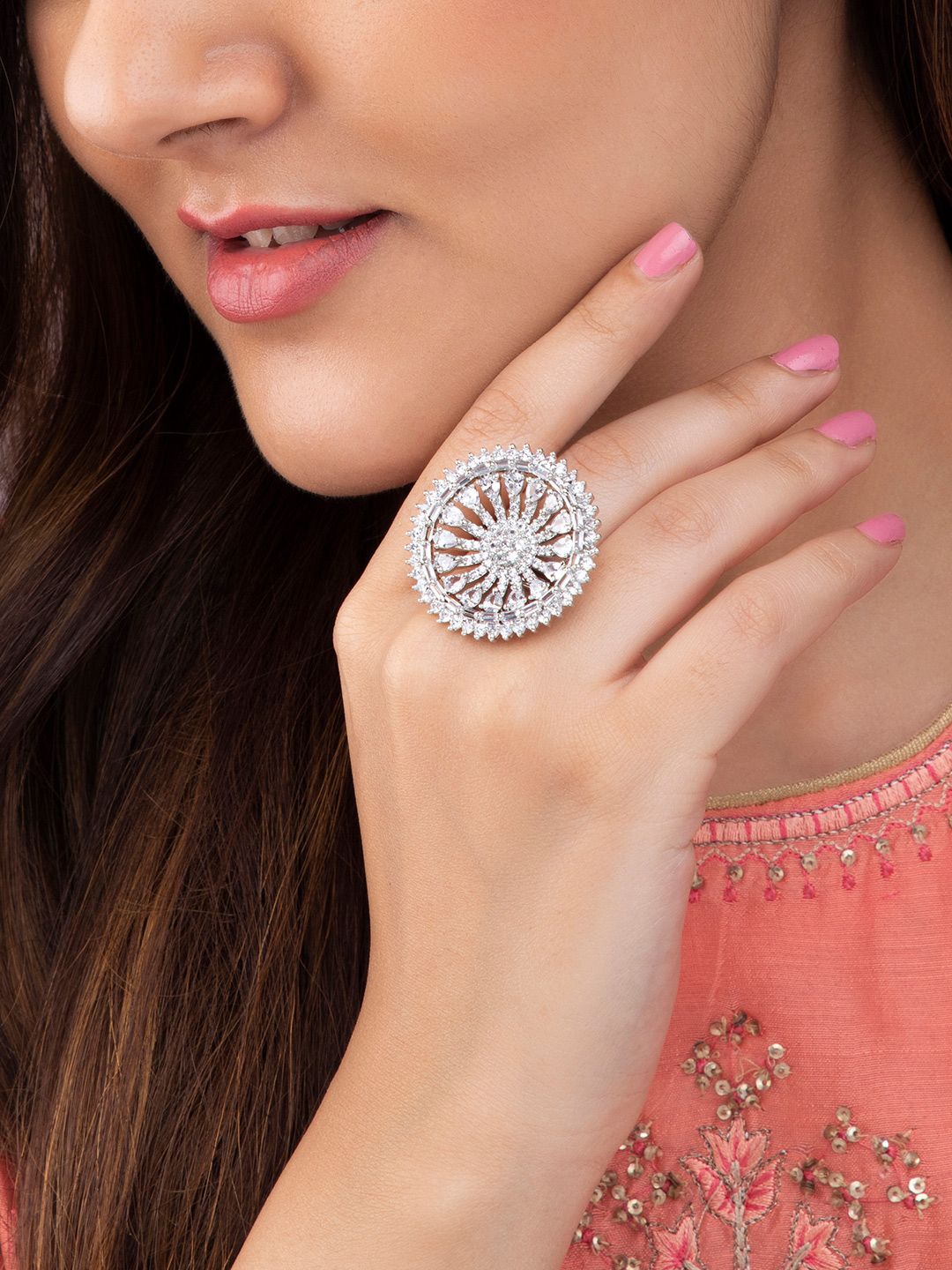 Rubans Silver-Plated White AD-Studded Finger Ring Price in India