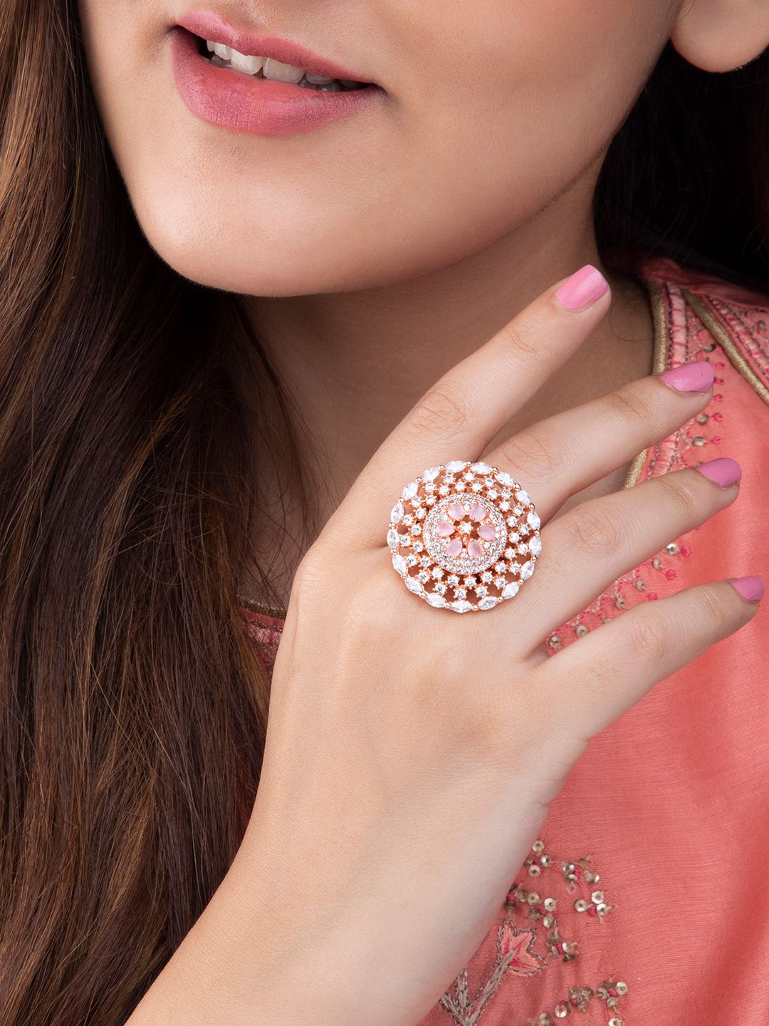 Rubans Rose Gold-Plated White & Pink AD-Studded Adjustable Finger Ring Price in India