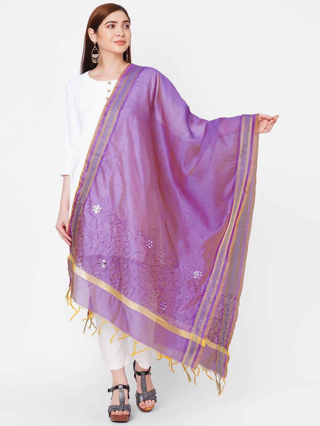 Get Wrapped Purple & Gold-Toned Embroidered Dupatta with Mirror Work Price in India