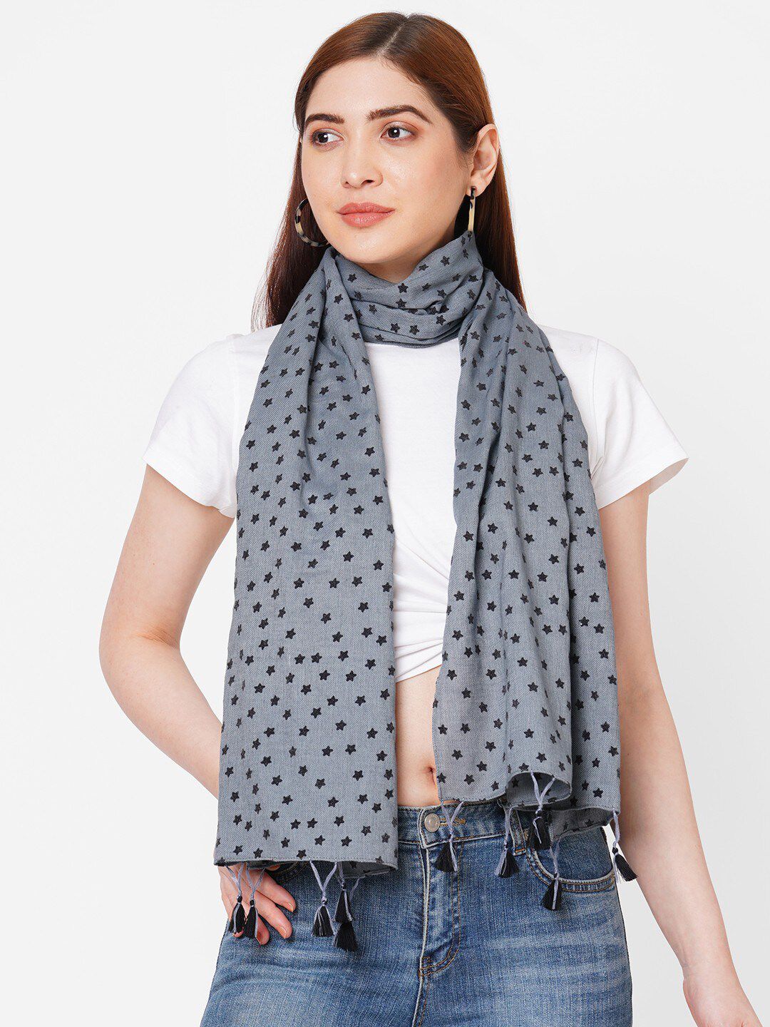 Get Wrapped Women Grey Geometric Printed Stoles Price in India