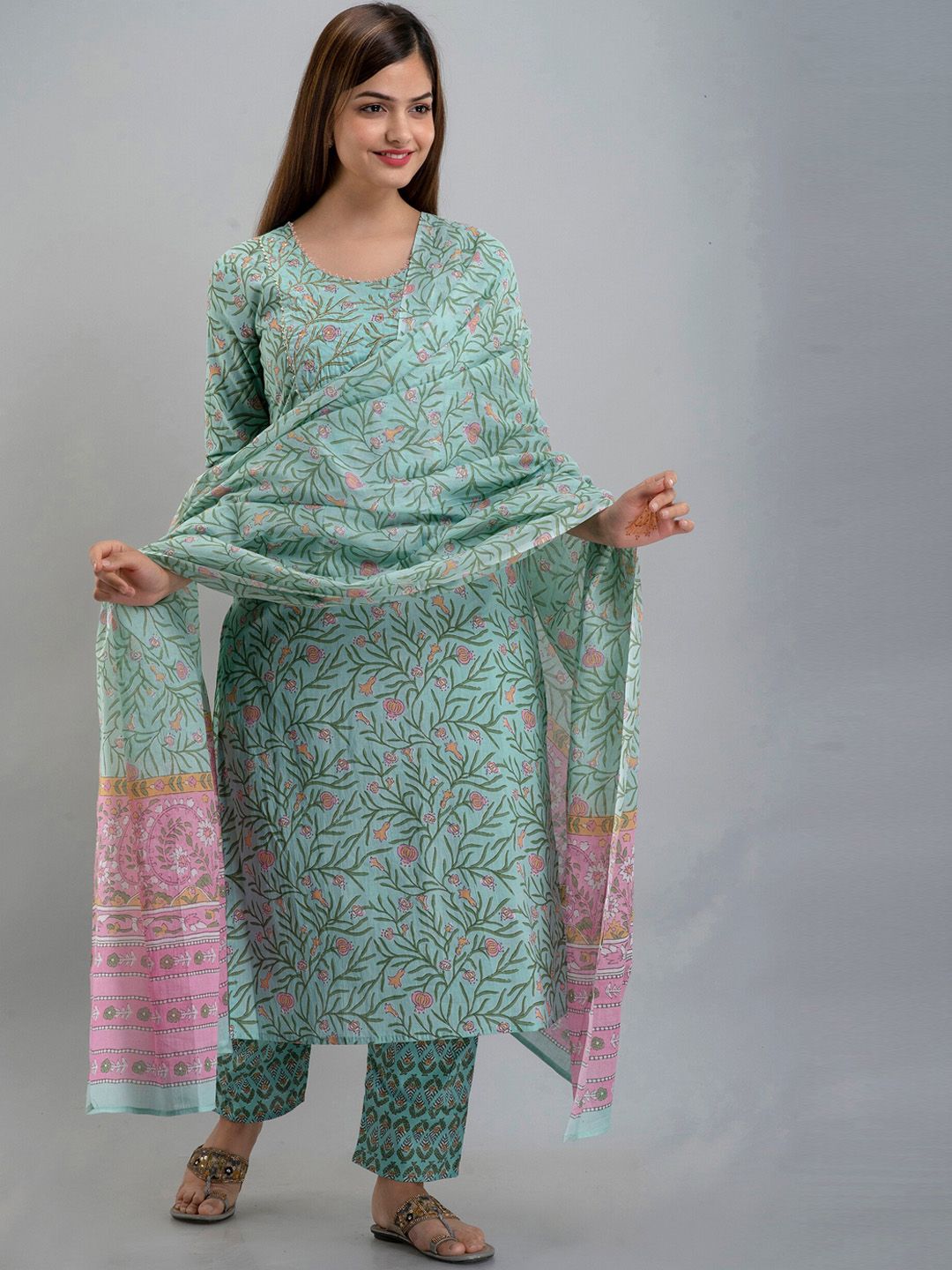 KALINI Women Sea Green Floral Yoke Design Pleated Pure Cotton Top with Skirt & With Dupatta Price in India