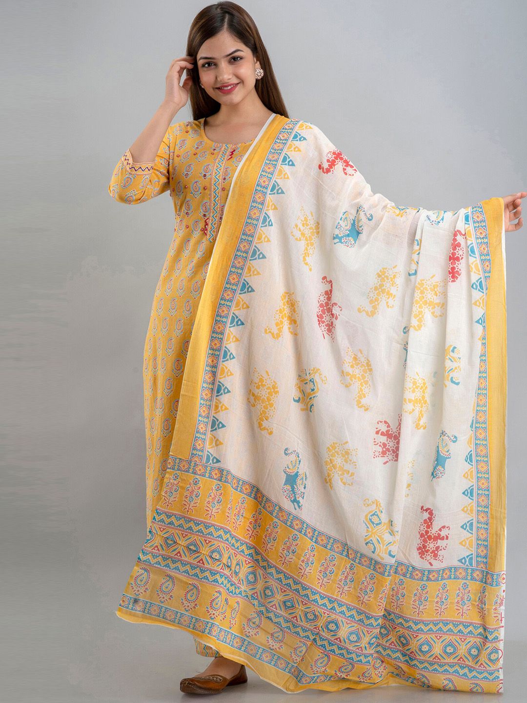KALINI Women Yellow Ethnic Motifs Printed Pure Cotton Kurta with Trousers & With Dupatta Price in India