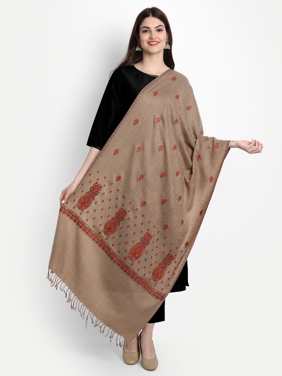 Zamour Women Beige & Orange Woolen Printed Stole Price in India
