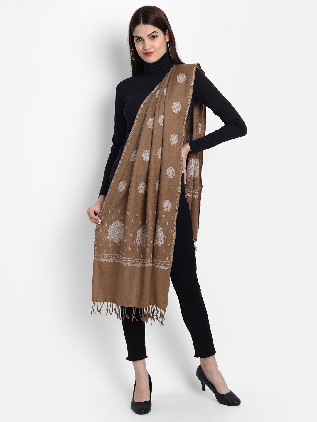 Zamour Women Brown & White Printed Stole Price in India