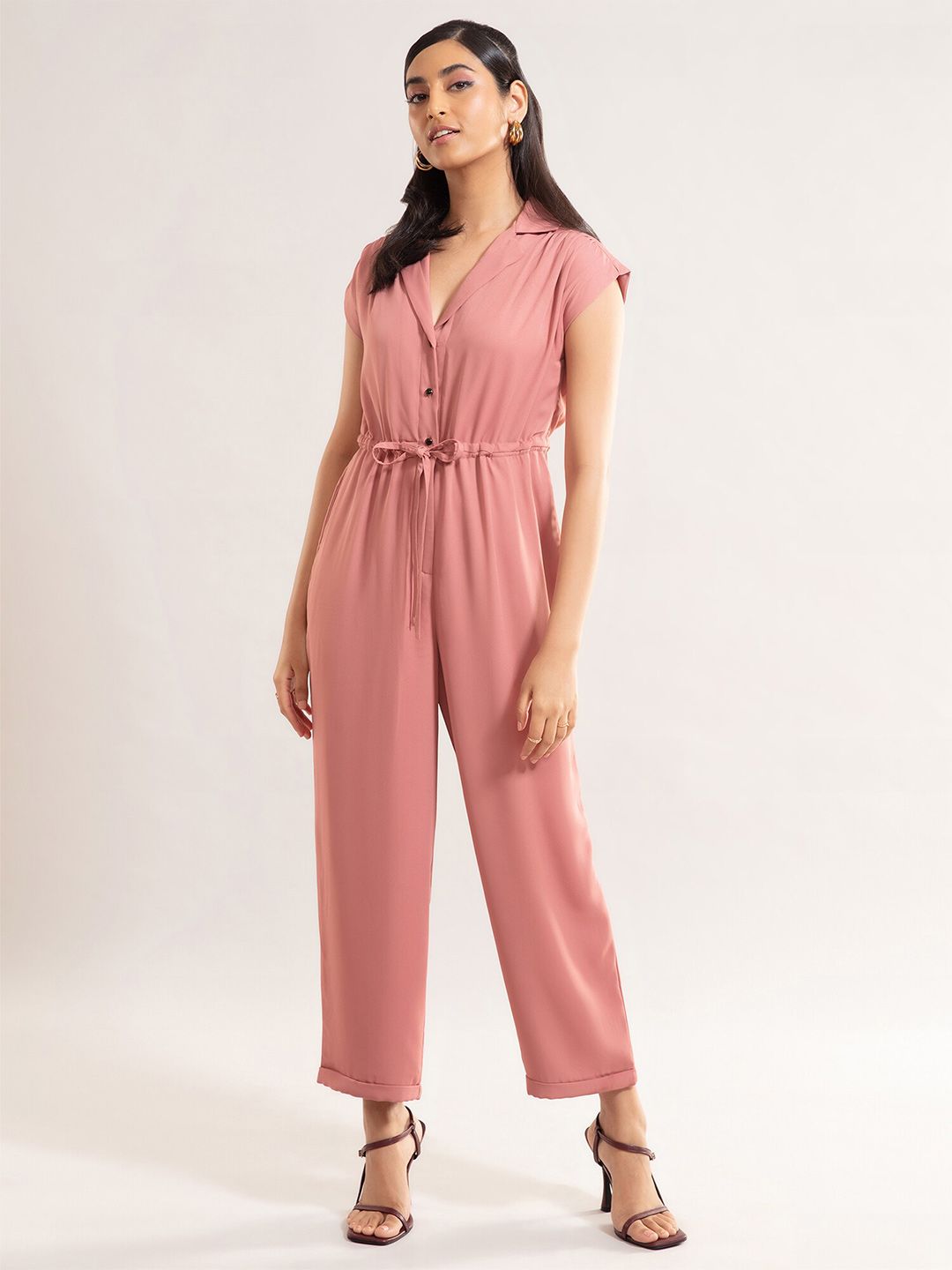 20Dresses Pink Solid Basic Jumpsuit Price in India