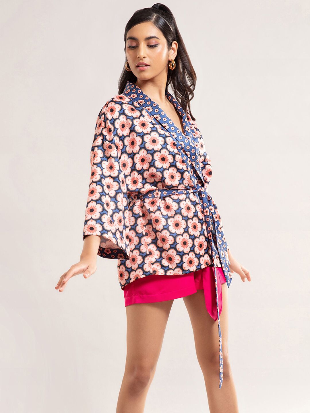 20Dresses Women Blue & Orange Floral Printed Longline Tailored Jacket Price in India