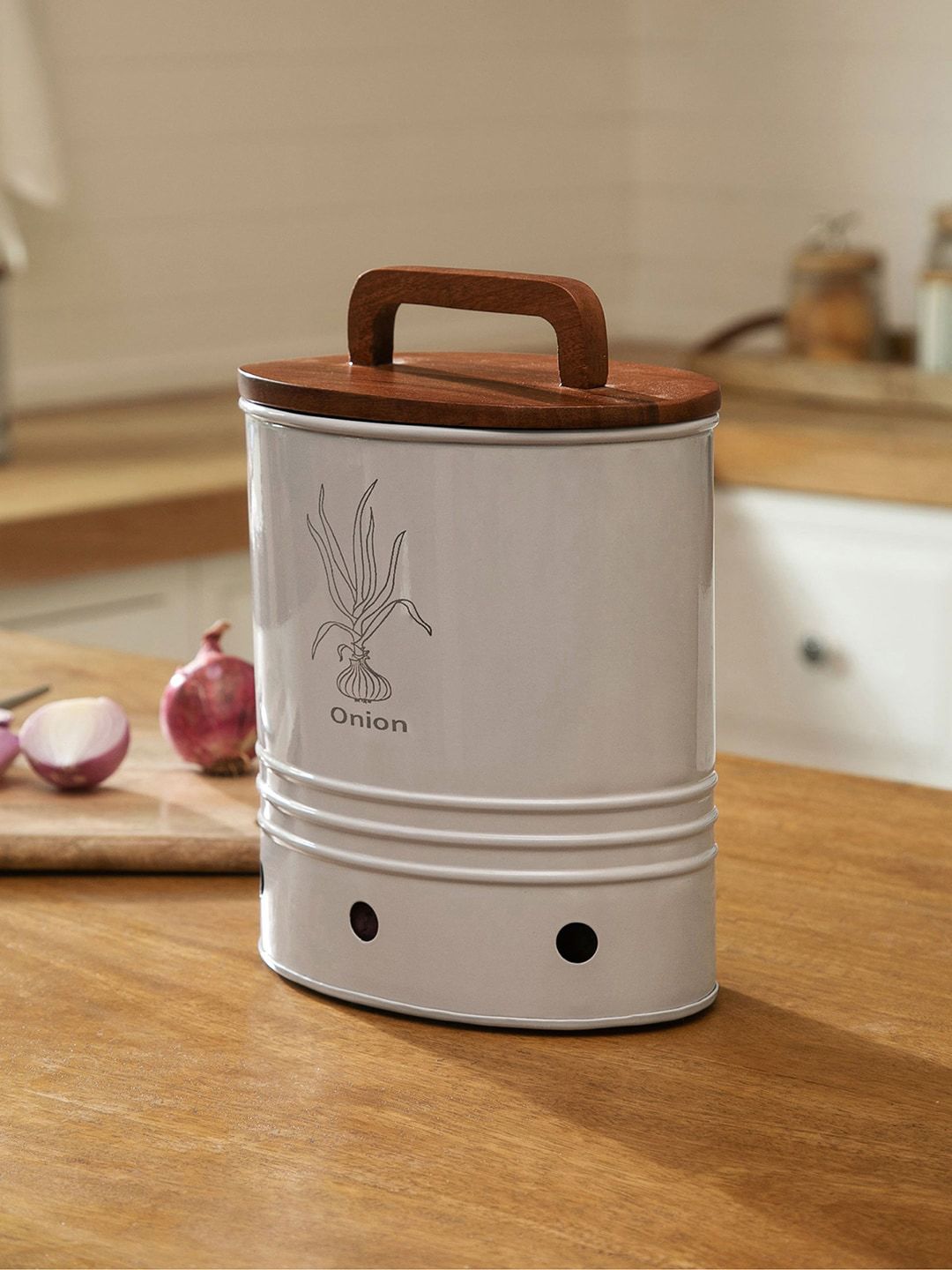 ellementry Grey & Brown Canny Onion Storage Barrel With Wooden Lid Price in India