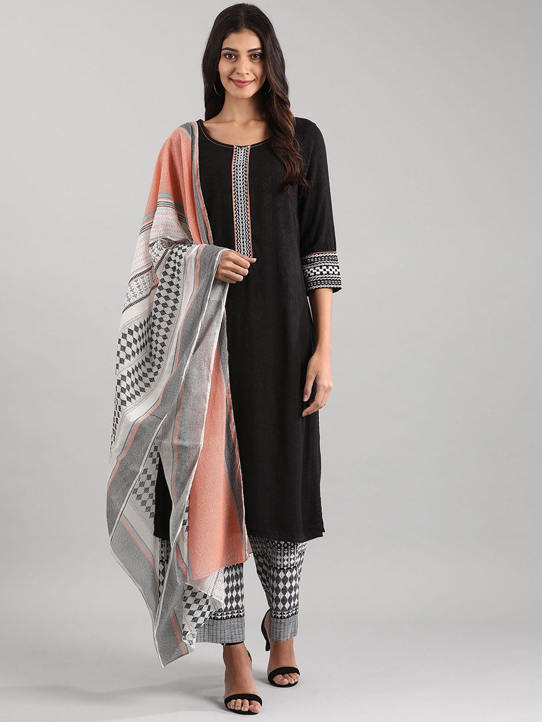 AURELIA Women Black & White Kurta with Palazzos & With Dupatta Price in India