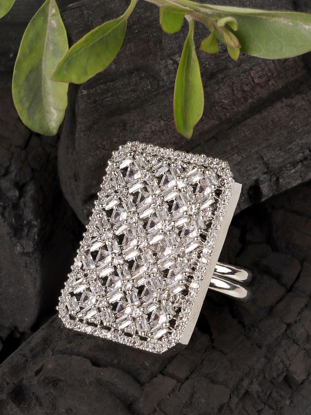 JEWELS GEHNA Silver-Toned Rhodium-Plated & AD Stone-Studded Finger Ring Price in India