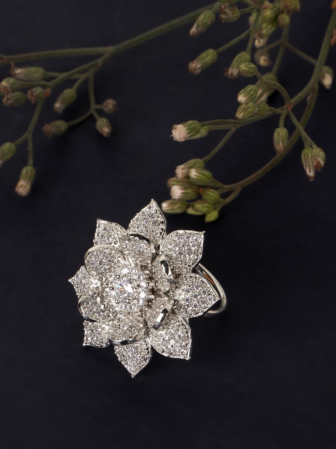 JEWELS GEHNA Rhodium-Plated American Diamonds Studded CocKtail Ring Price in India