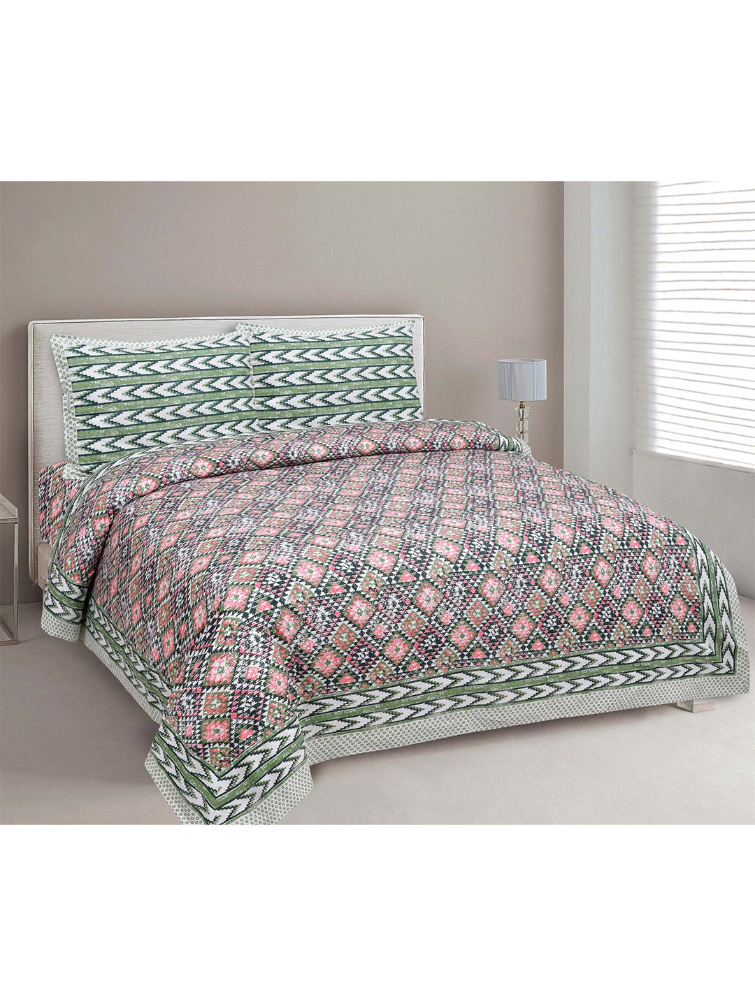 JAIPUR FABRIC Green & Pink 180 TC Cotton Queen Bedsheet with 2 Pillow Covers Price in India