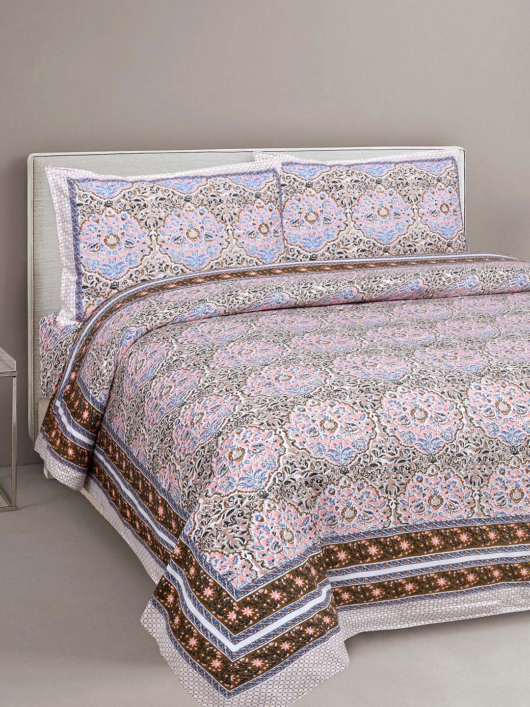 JAIPUR FABRIC Pink & Blue Ethnic Motifs 180 TC Queen Bedsheet with 2 Pillow Covers Price in India