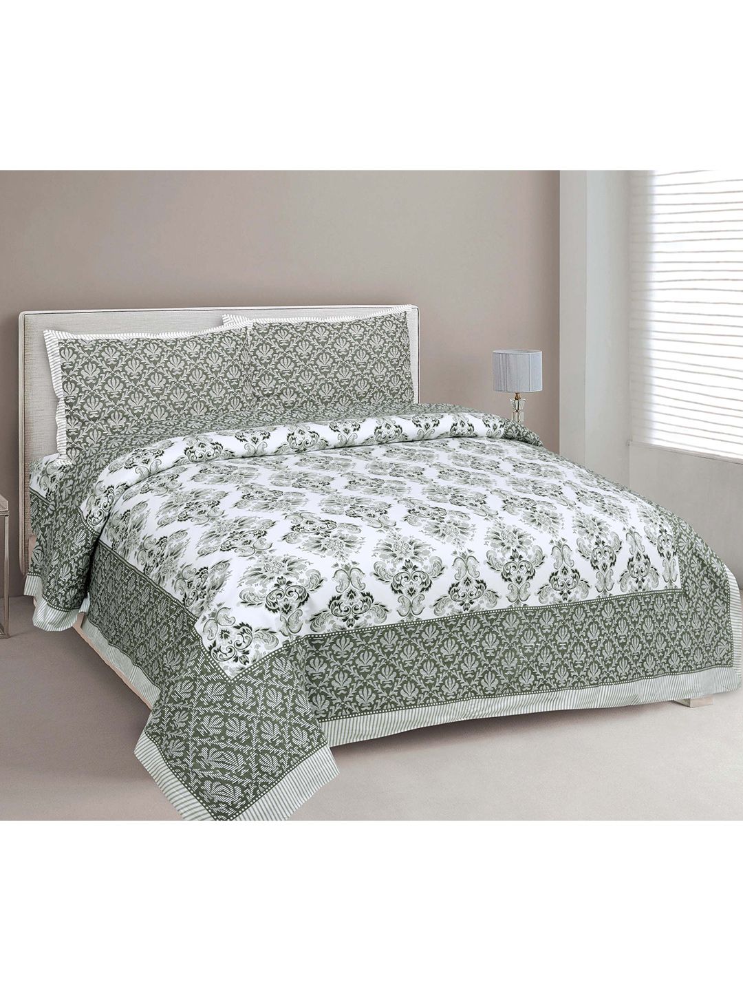 JAIPUR FABRIC Green & White Printed 180 TC Double Bedsheet With 2 Pillow Covers Price in India