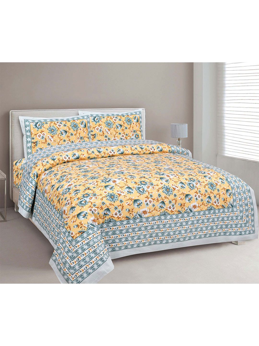 JAIPUR FABRIC Grey Floral 180 TC Queen Cotton Bedsheet With 2 Pillow Covers Price in India