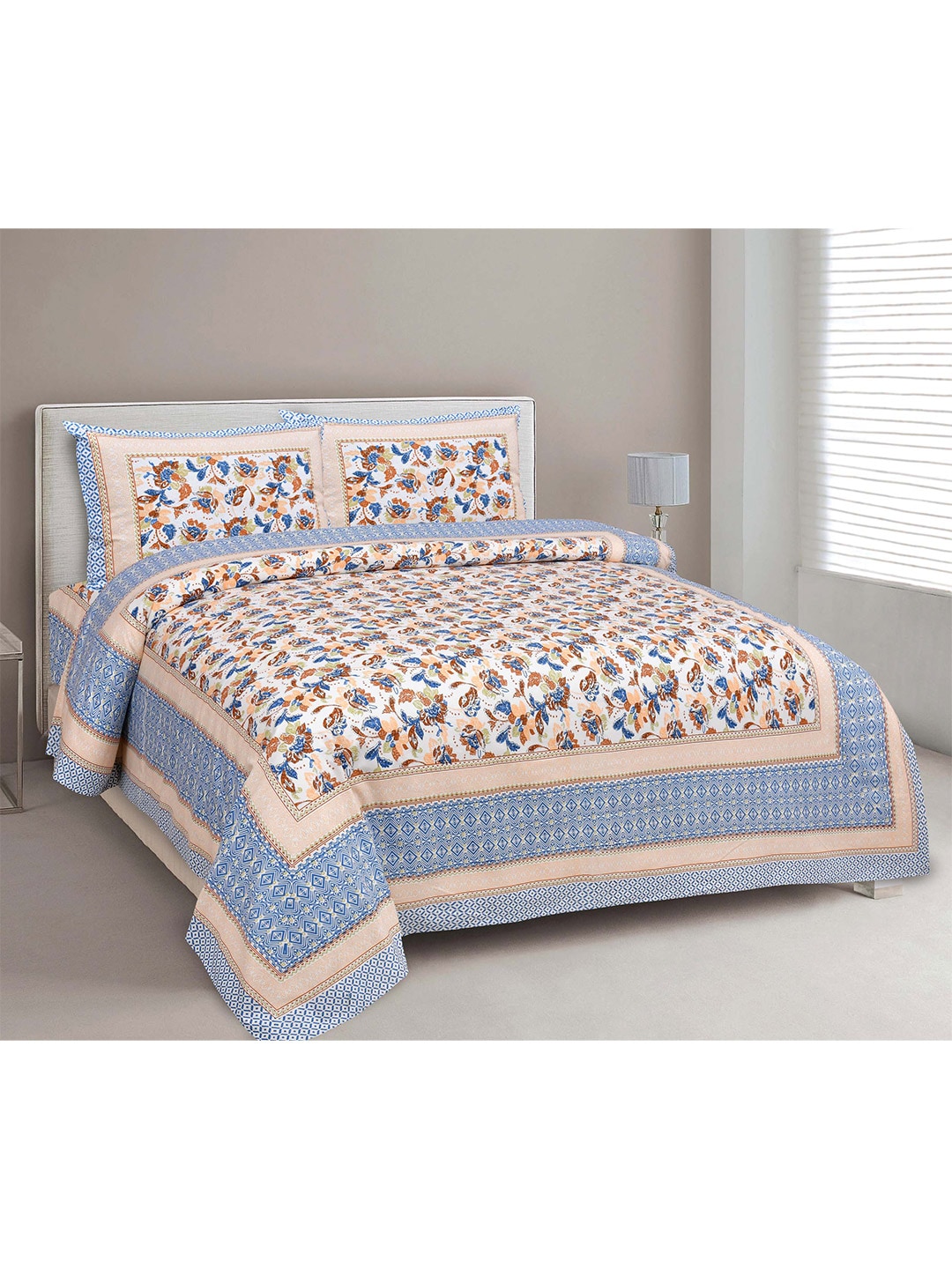JAIPUR FABRIC Blue & White Floral 180 TC Queen Bedsheet with 2 Pillow Covers Price in India