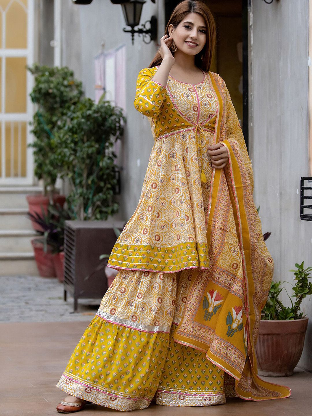 KAAJH Women Yellow Ethnic Motifs Empire Pure Cotton Kurta with Sharara & Dupatta Price in India