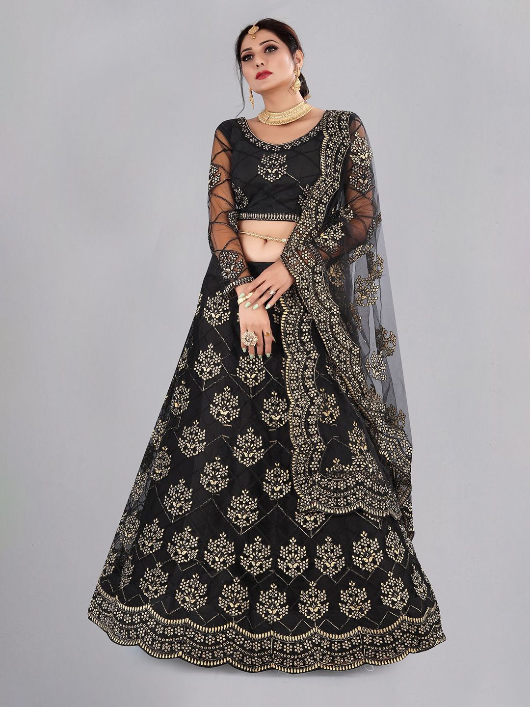 Atsevam Black & Gold-Toned Embroidered Thread Work Semi-Stitched Lehenga & Unstitched Blouse With Dupatta Price in India