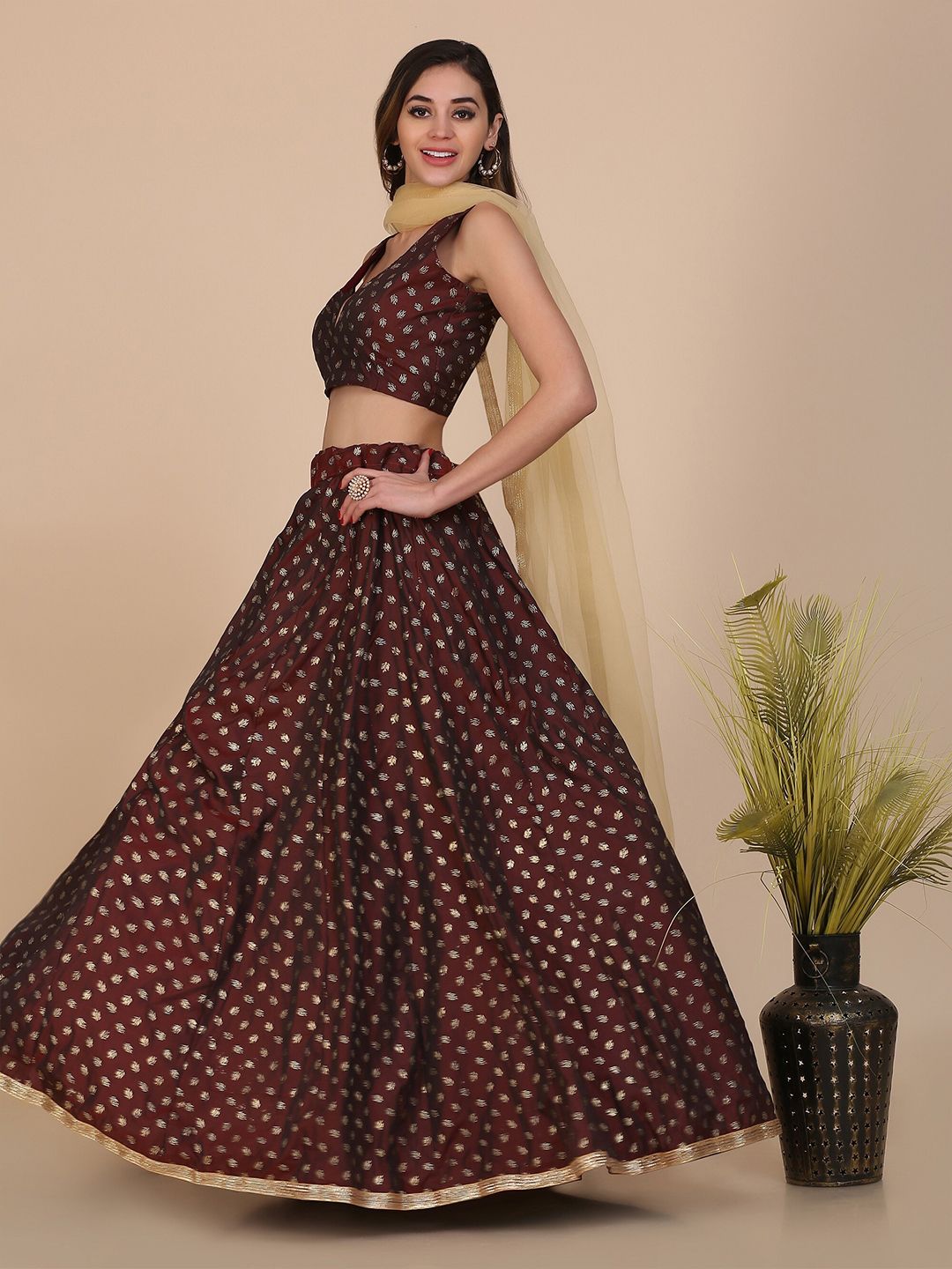 Atsevam Coffee Brown & Gold-Toned Semi-Stitched Lehenga & Unstitched Blouse With Dupatta Price in India