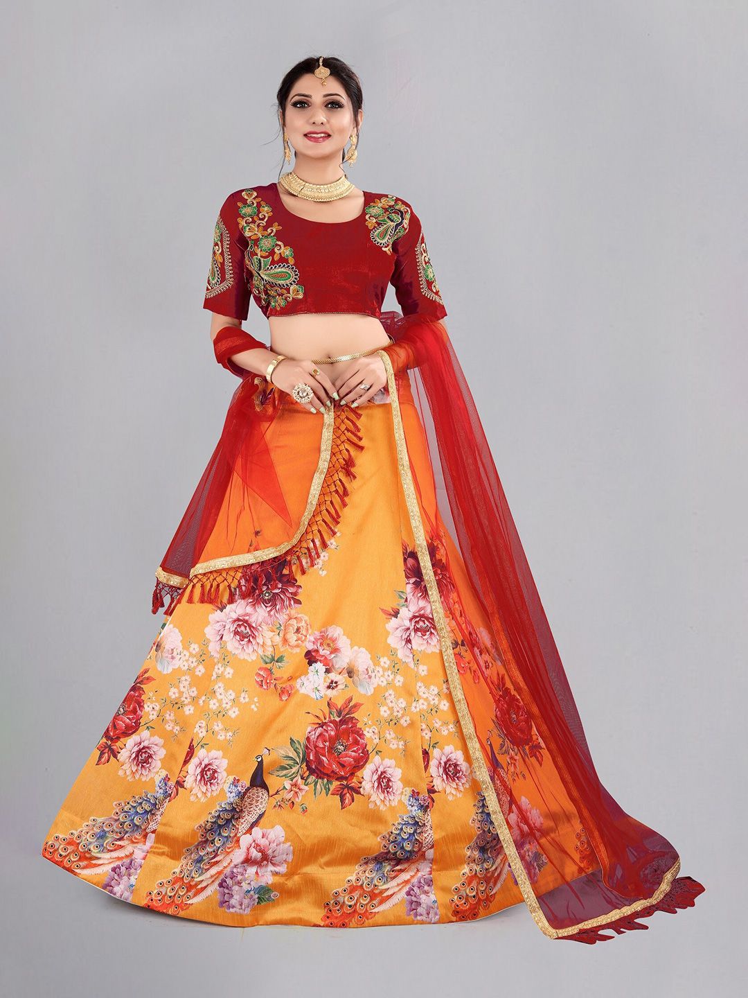 Atsevam Orange & Red Printed Tie and Dye Semi-Stitched Lehenga & Unstitched Blouse With Dupatta Price in India