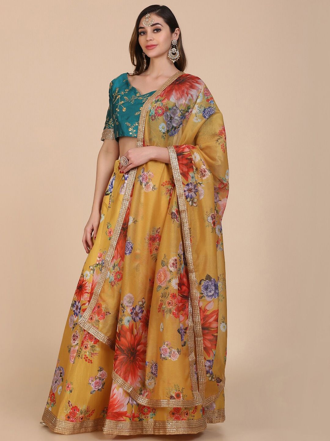 Atsevam Women Yellow Floral Print Art Silk Lehenga Choli Price in India