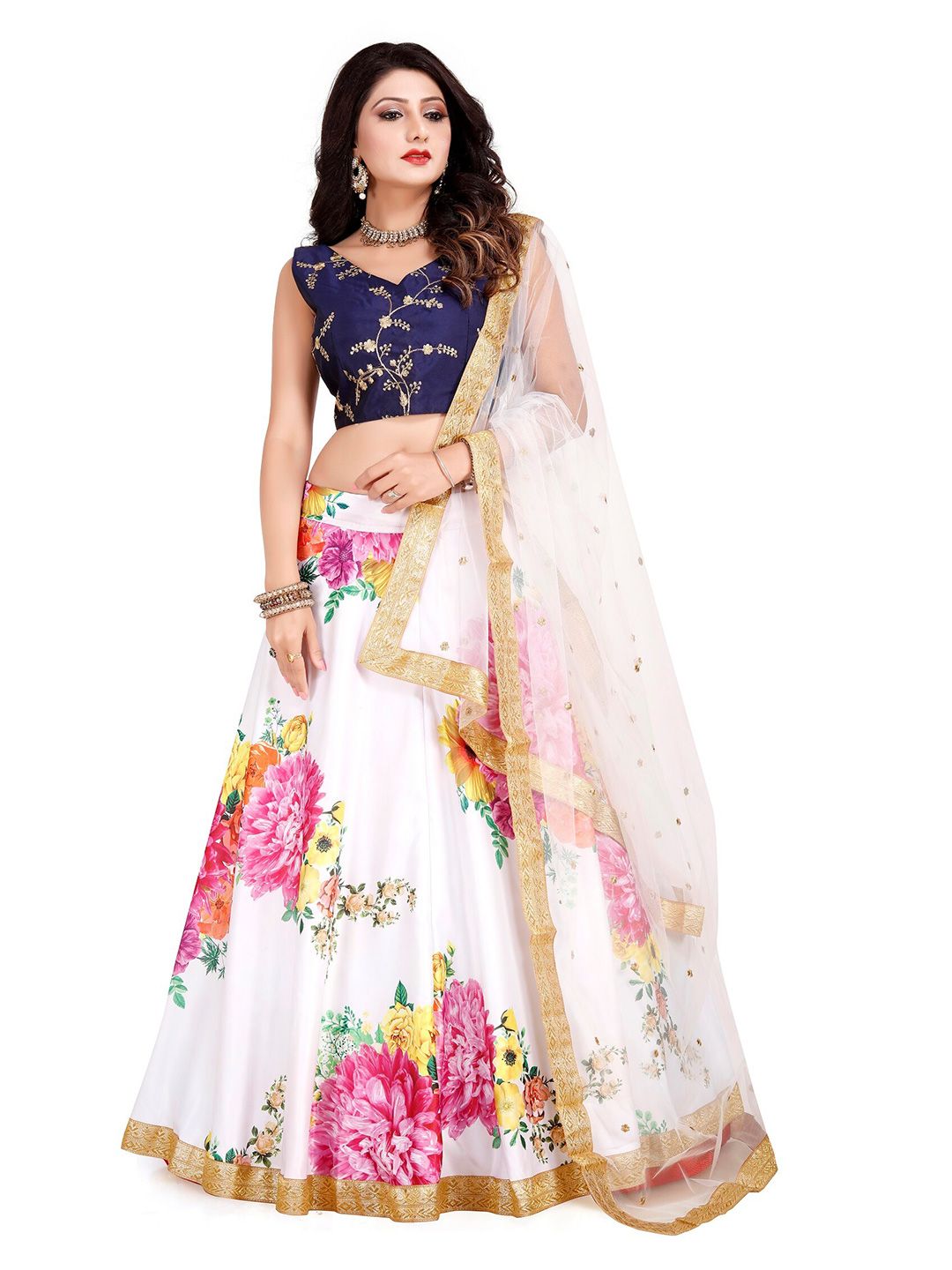 Atsevam White & Navy Blue Embellished Semi-Stitched Lehenga & Unstitched Blouse With Dupatta Price in India