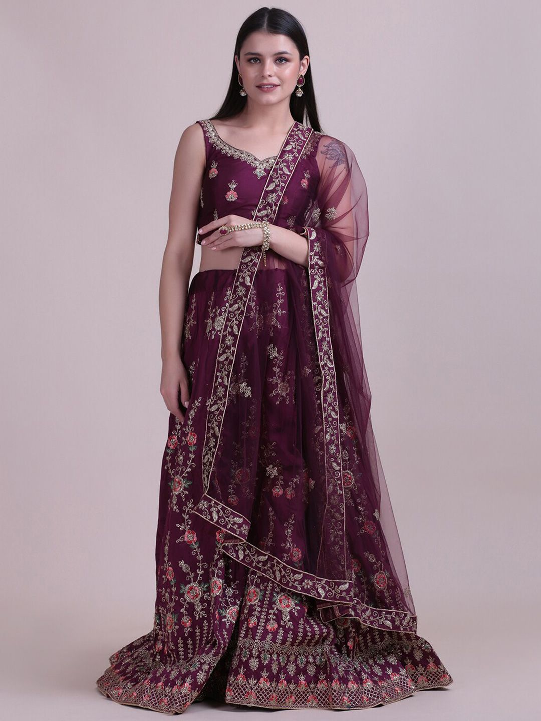 Atsevam Purple & Silver-Toned Embroidered Thread Work Tie and Dye Semi-Stitched Lehenga & Unstitched Blouse Price in India