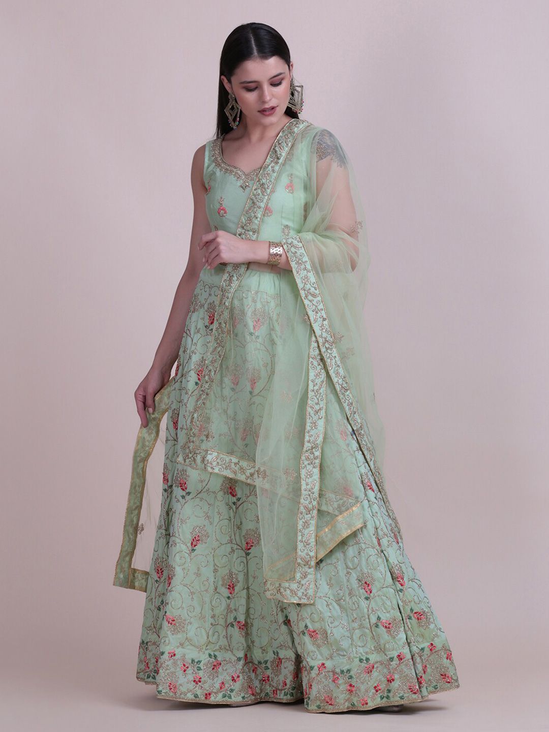 Atsevam Sage Green Embroidered Semi-Stitched Lehenga & Unstitched Blouse With Dupatta Price in India