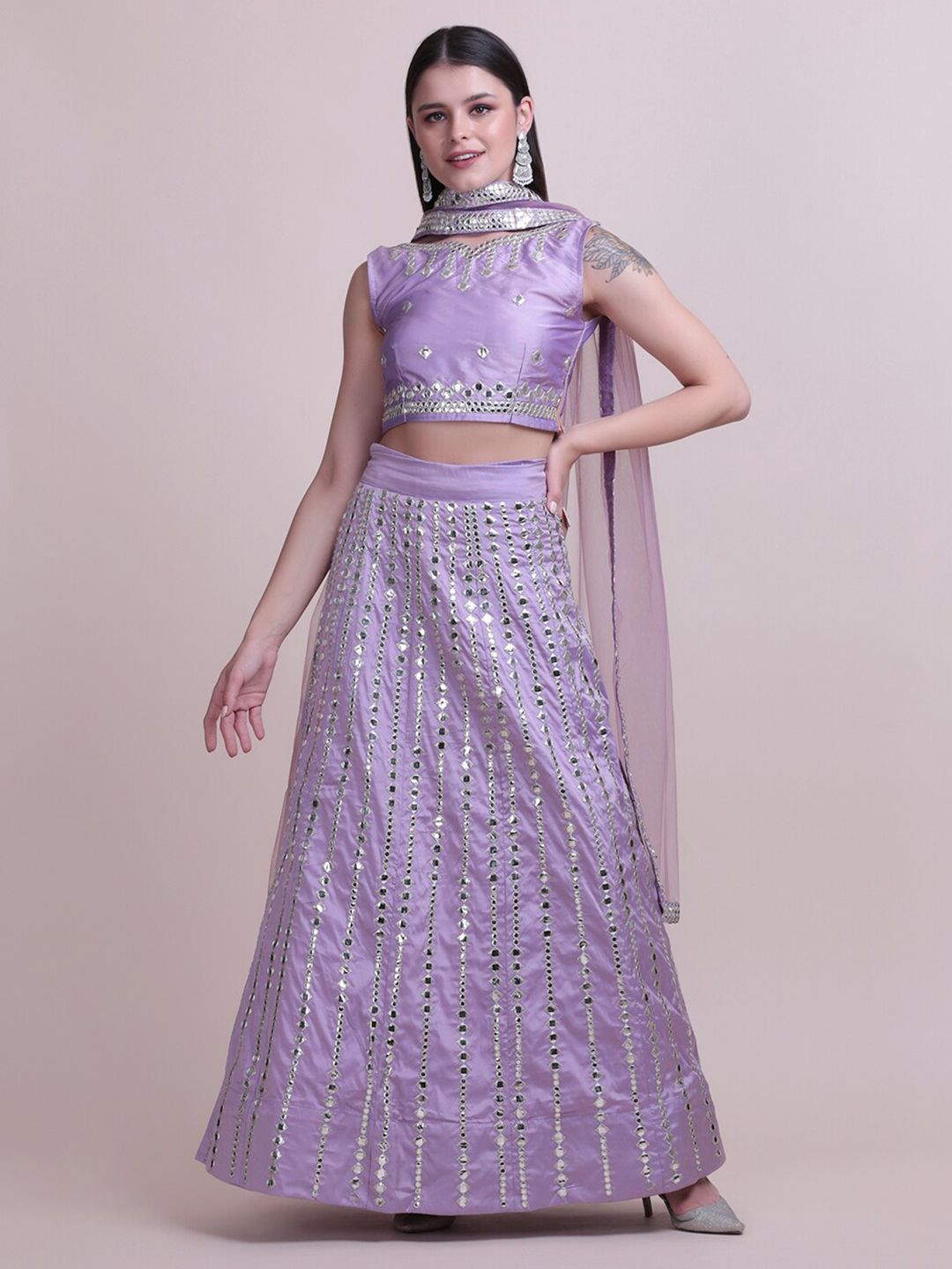 Atsevam Purple & Silver-Toned Semi-Stitched Lehenga & Unstitched Blouse & Dupatta Price in India