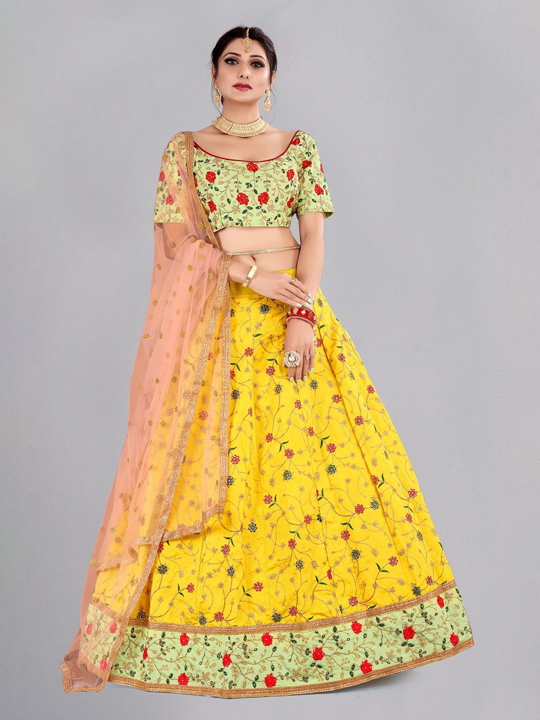 Atsevam Women Yellow Floral Embroidered Lehenga Choli Price in India