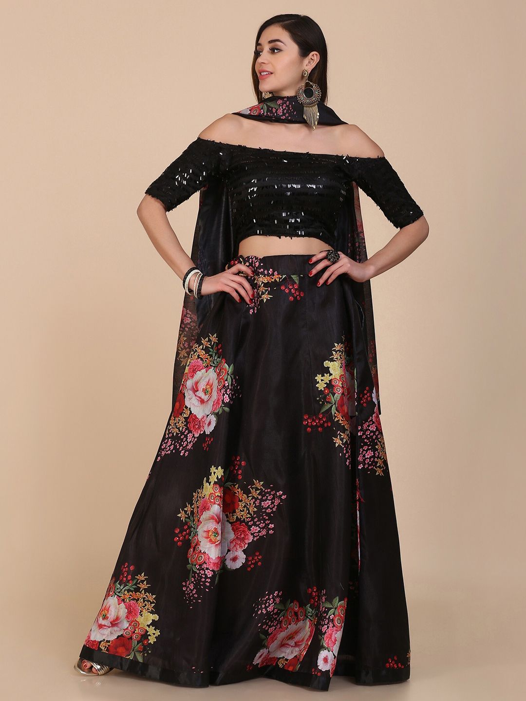 Atsevam Black & Pink Printed Semi-Stitched Lehenga & Unstitched Blouse With Dupatta Price in India