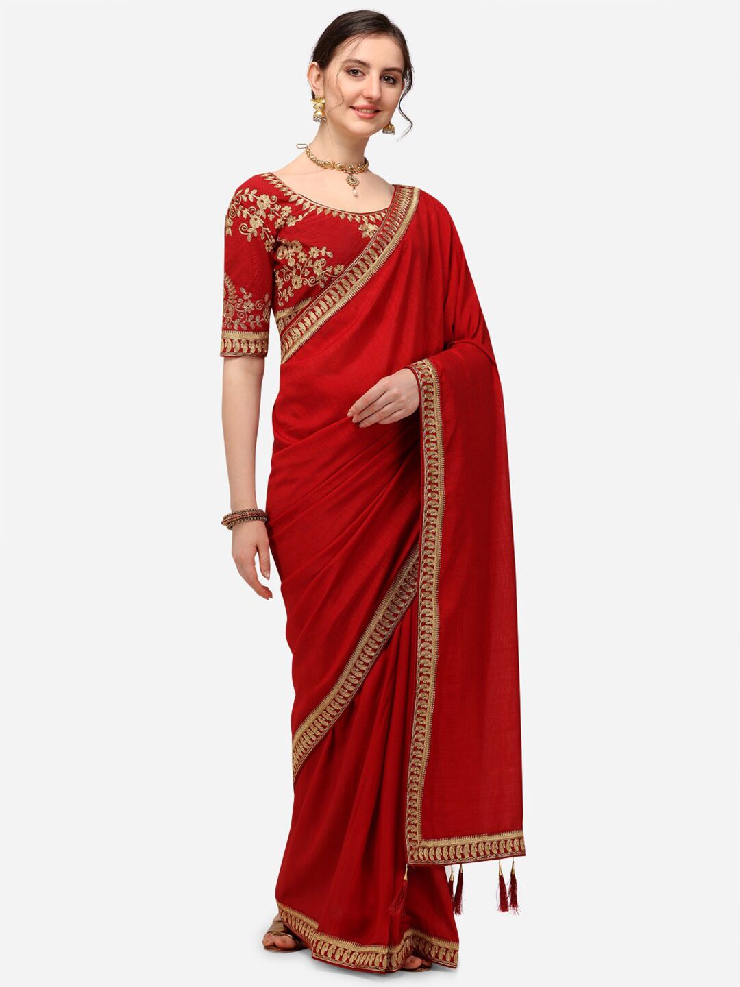 Iris Red & Gold-Toned Floral Embroidered Saree