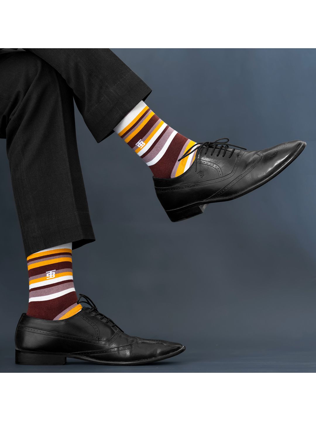 SockSoho Men Brown & Yellow Striped  Calf-Length Socks