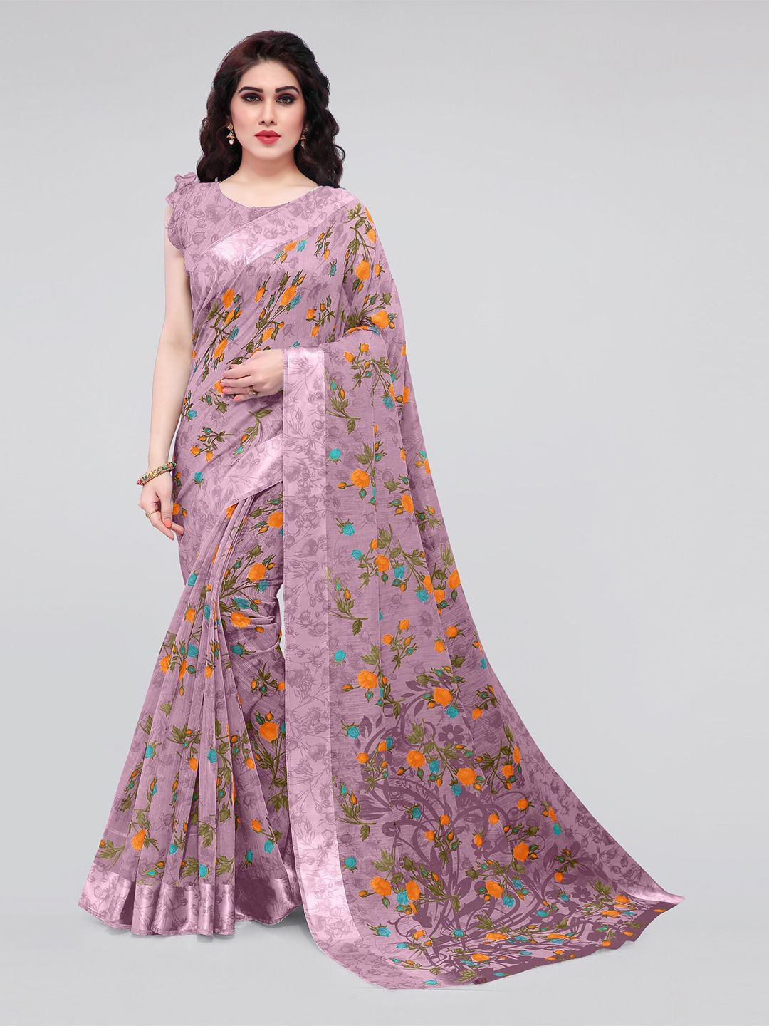 KALINI Purple & Orange Floral Bagh Saree