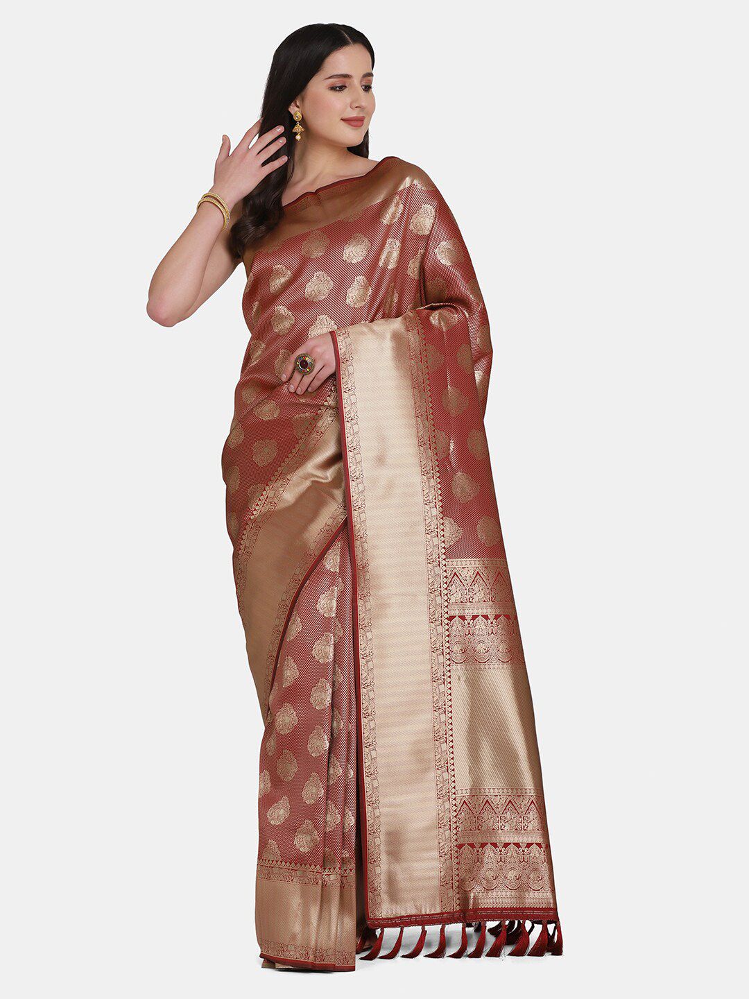 BOMBAY SELECTIONS Maroon Ethnic Motifs Woven Design Pure Silk Banarasi Saree Price in India