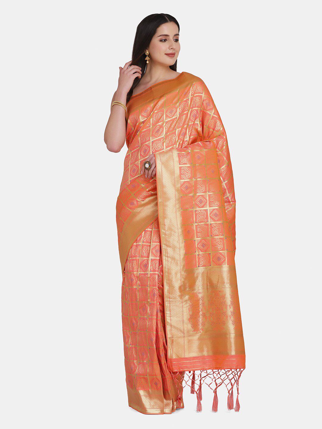 BOMBAY SELECTIONS Peach-Coloured & Gold-Toned Woven Design Zari Pure Silk Banarasi Saree Price in India