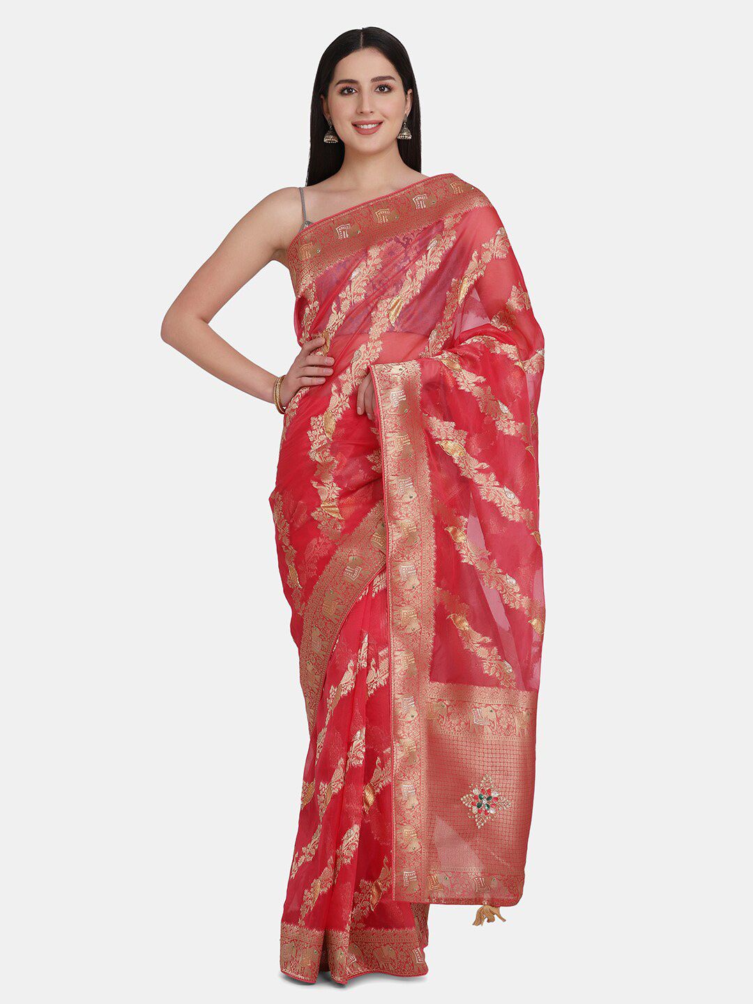 BOMBAY SELECTIONS Pink & Gold-Toned Ethnic Motifs Organza Banarasi Saree Price in India