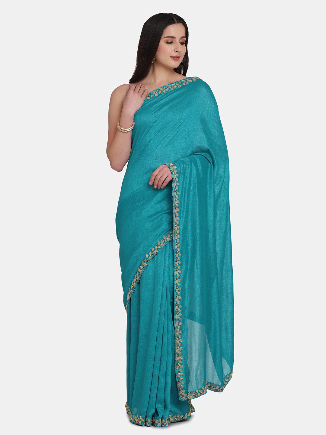 BOMBAY SELECTIONS Green & Gold-Toned Embellished Zardozi Pure Silk Tussar Saree Price in India