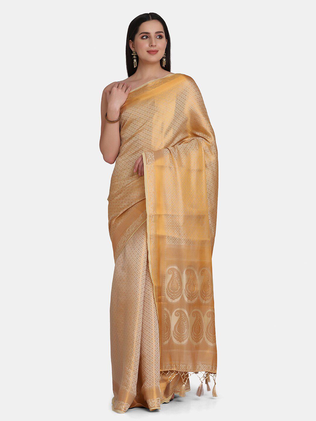 BOMBAY SELECTIONS Gold-Coloured Woven Design Zari Pure Silk Banarasi Saree Price in India