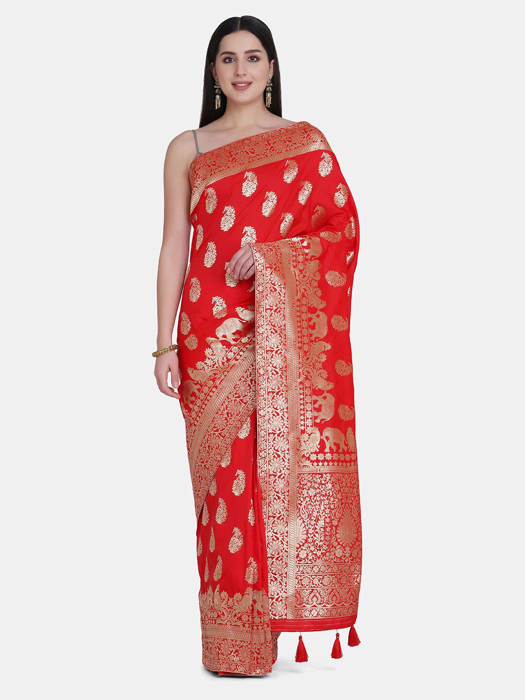 BOMBAY SELECTIONS Red & Gold-Toned Woven Design Zari Pure Silk Banarasi Saree Price in India